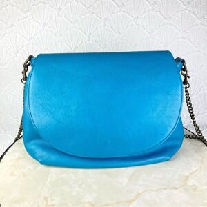 Valentina Fiore Purse Teal Blue Italian Leather Chain Straps Crossbody Flap Bag